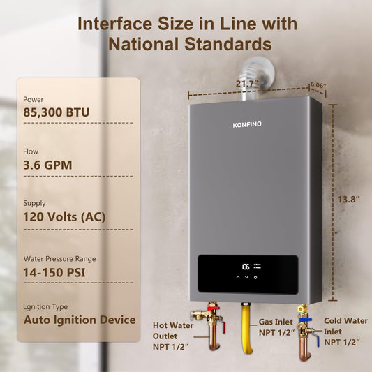 Konfino gas tankless heater, 4.3 GPM, 102,000 BTU, smart display, multi-protection.
