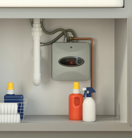 GE 2.5-gallon mini tank heater, adjustable thermostat, easy under-sink install.