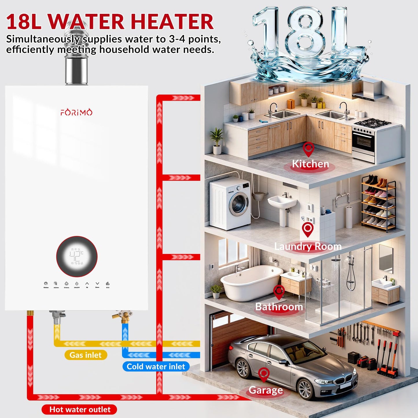 Natural gas tankless heater, 4.74 GPM, digital display, instant hot water, home use.