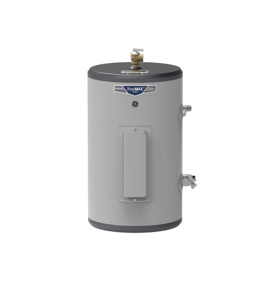 GE 10-gallon electric heater, plug & play, adjustable thermostat, easy install.