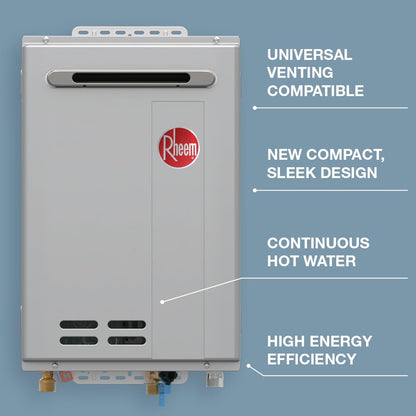 Rheem RTG-84XLN-3 gas heater, 8.4 GPM, 180,000 BTU, outdoor tankless, high efficiency.
