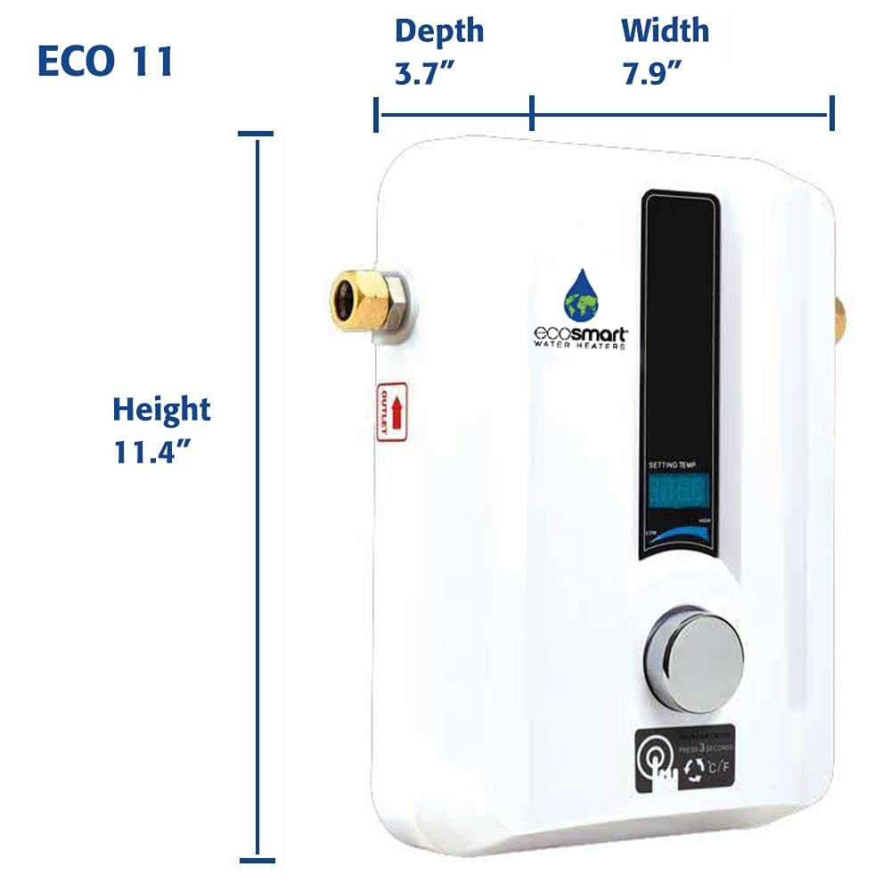 EcoSmart ECO 11, 13kW tankless heater, self-modulating, energy efficient.