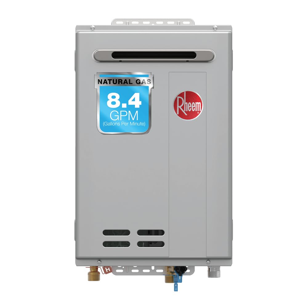 Rheem RTG-84XLN-3 gas heater, 8.4 GPM, 180,000 BTU, outdoor tankless, high efficiency.