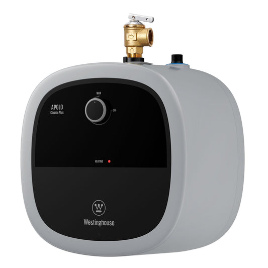 Westinghouse 2.5 gal mini tank, compact, 120V, ideal for sink or RV use.