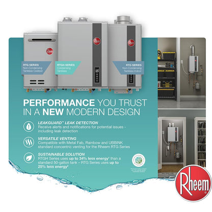Rheem RTG-84XLN-3 gas heater, 8.4 GPM, 180,000 BTU, outdoor tankless, high efficiency.