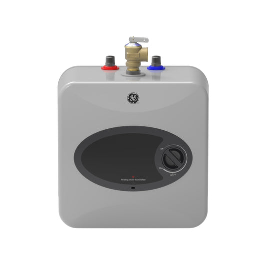 GE 2.5-gallon mini tank heater, adjustable thermostat, easy under-sink install.