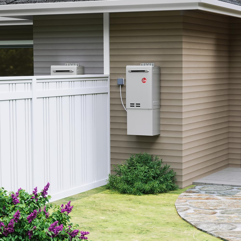 Rheem RTG-84XLN-3 gas heater, 8.4 GPM, 180,000 BTU, outdoor tankless, high efficiency.