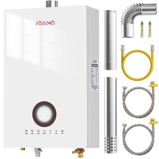 Natural gas tankless heater, 4.74 GPM, digital display, instant hot water, home use.