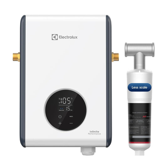 Electrolux 11kW tankless heater, WiFi, 2.6 GPM, smart indoor hot water system.