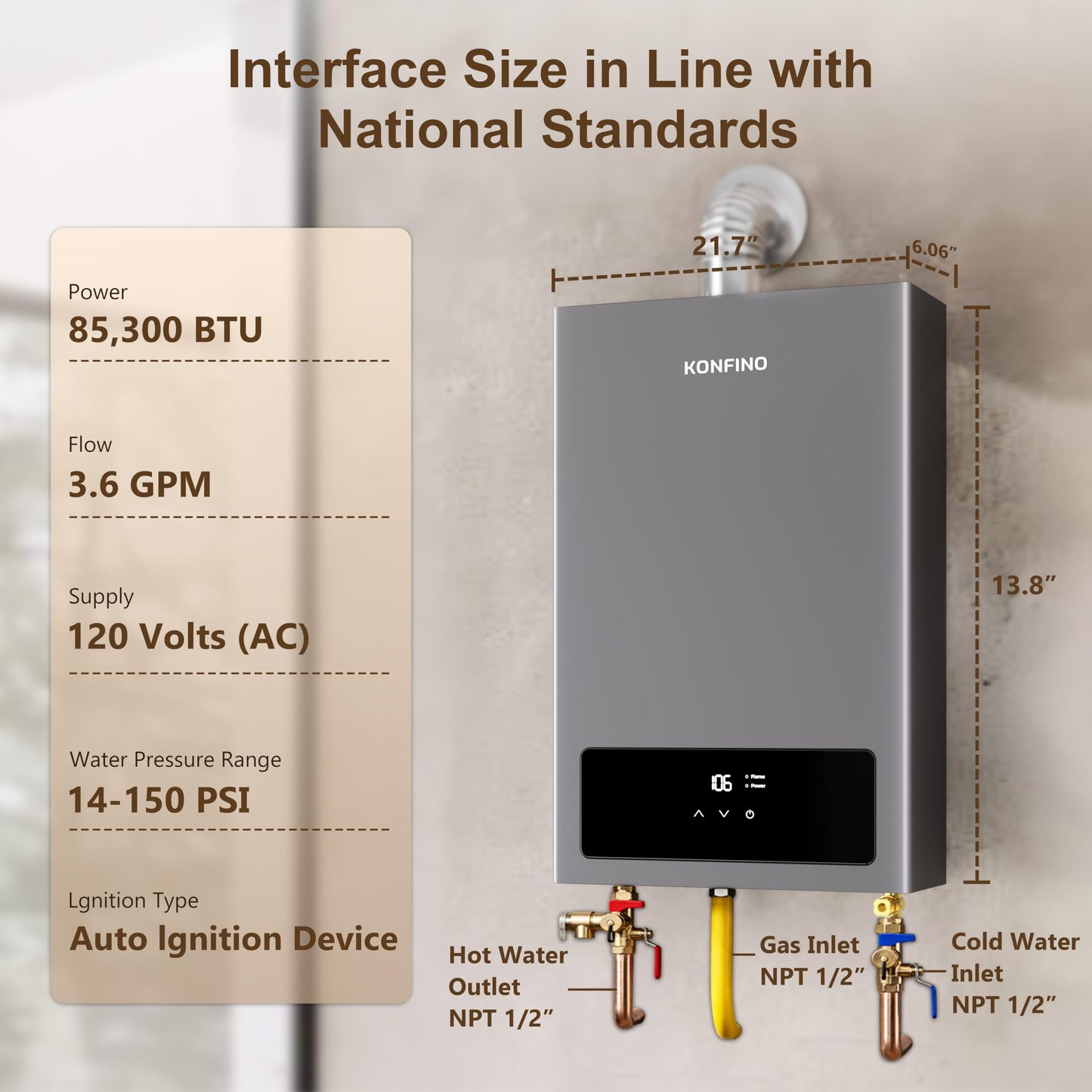 Konfino gas tankless heater, 4.3 GPM, 102,000 BTU, smart display, multi-protection.