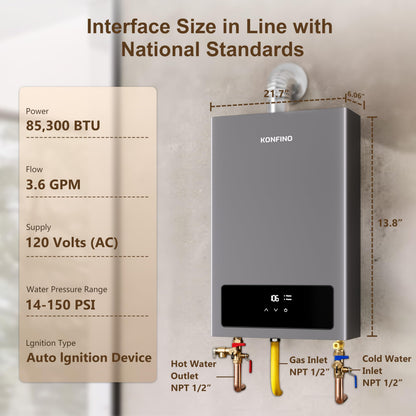 Konfino gas tankless heater, 4.3 GPM, 102,000 BTU, smart display, multi-protection.