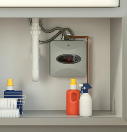 GE 2.5-gallon mini tank heater, adjustable thermostat, easy under-sink install.