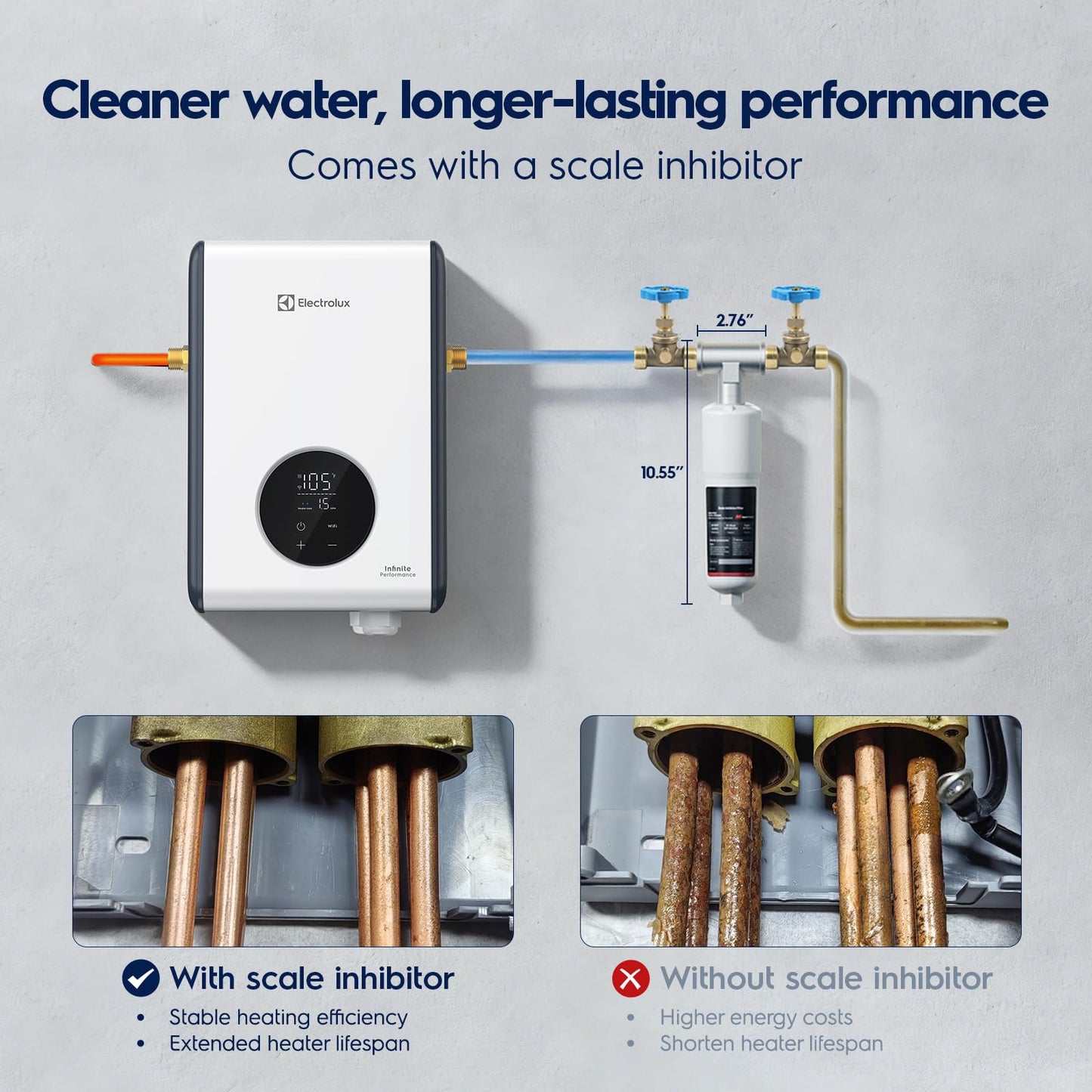 Electrolux 11kW tankless heater, WiFi, 2.6 GPM, smart indoor hot water system.