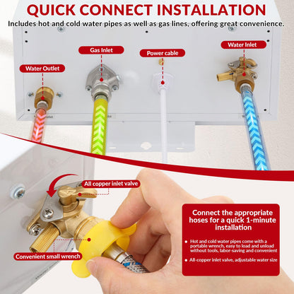 Natural gas tankless heater, 4.74 GPM, digital display, instant hot water, home use.