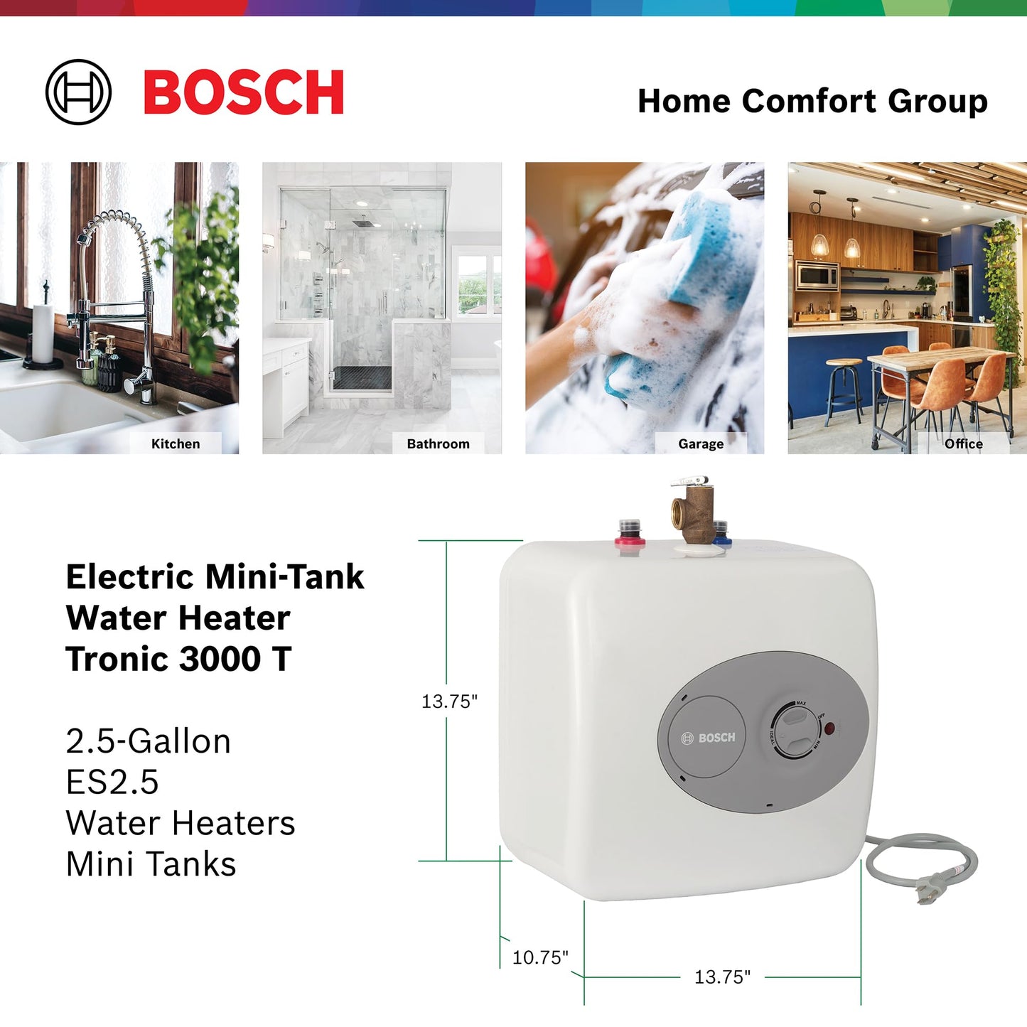 Bosch Tronic 3000T 2.5 gal mini tank, compact, fast hot water, wall or floor mount.