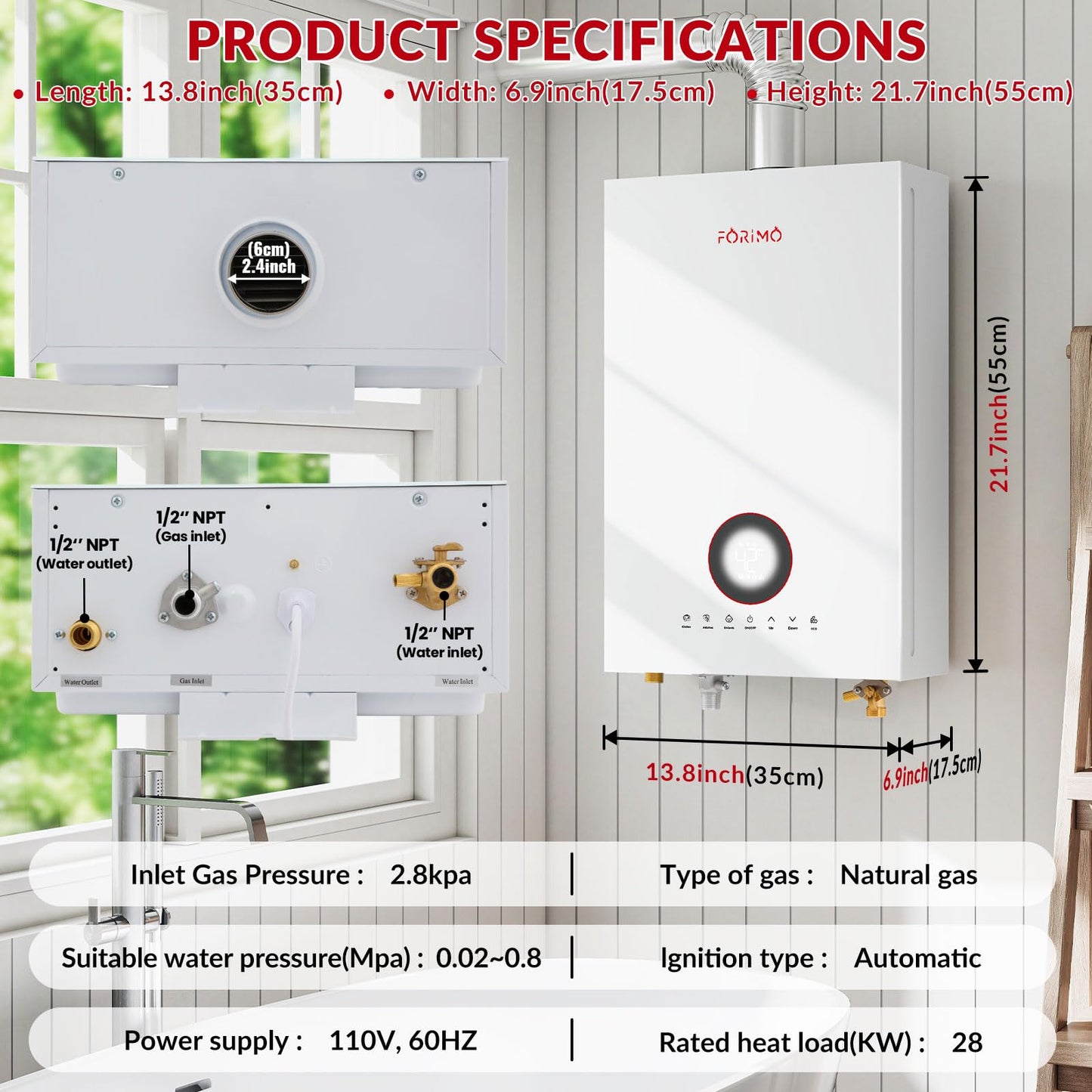 Natural gas tankless heater, 4.74 GPM, digital display, instant hot water, home use.