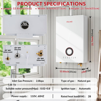Natural gas tankless heater, 4.74 GPM, digital display, instant hot water, home use.