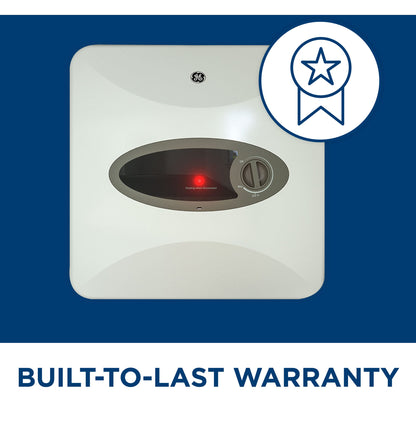 GE 2.5-gallon mini tank heater, adjustable thermostat, easy under-sink install.