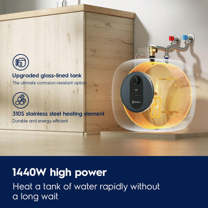 Electrolux 8-gallon electric heater, point-of-use, quick hot water, 110–120V.