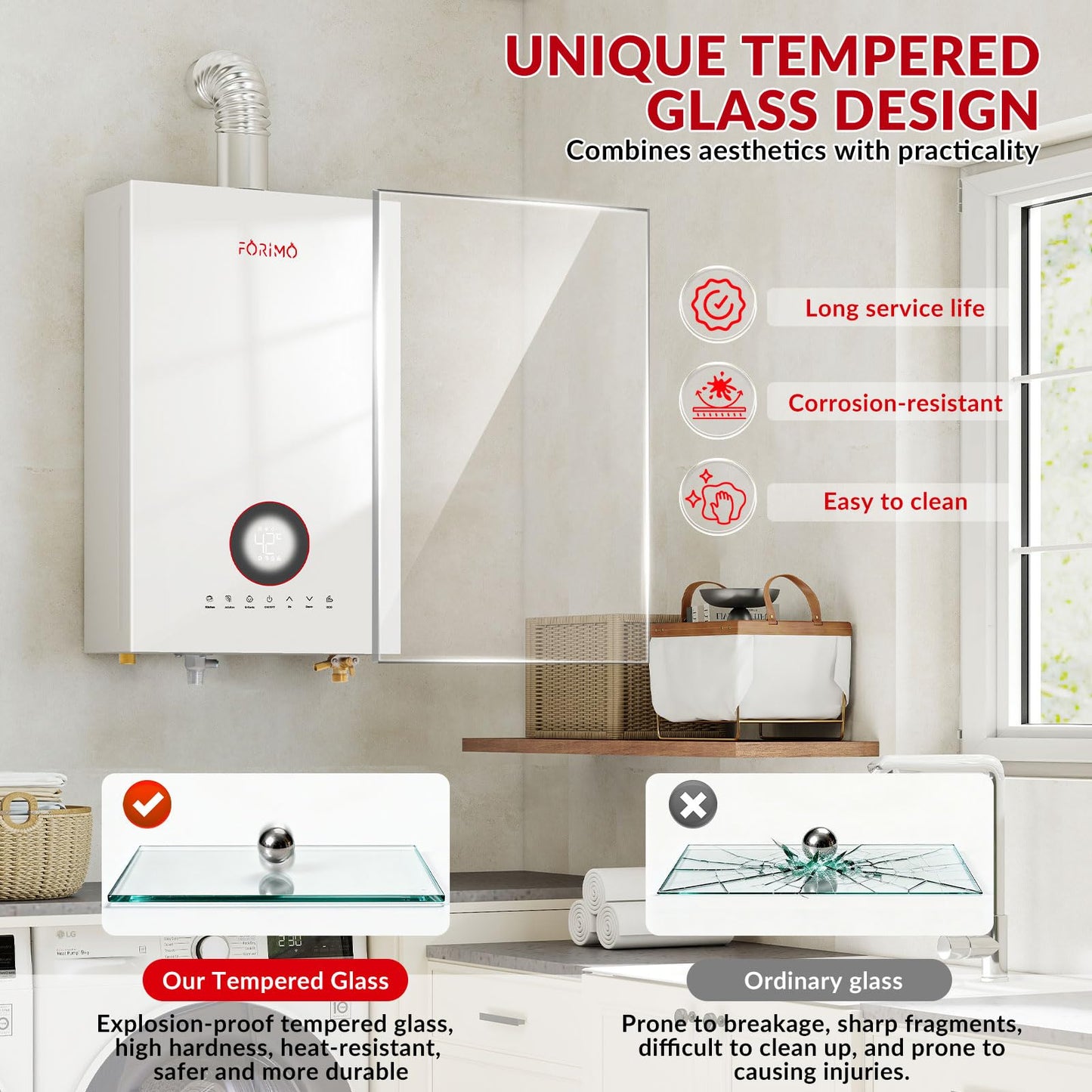 Natural gas tankless heater, 4.74 GPM, digital display, instant hot water, home use.