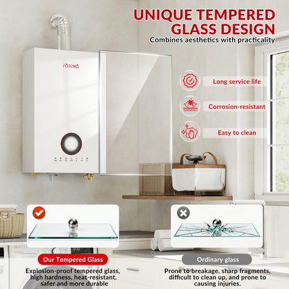 Natural gas tankless heater, 4.74 GPM, digital display, instant hot water, home use.
