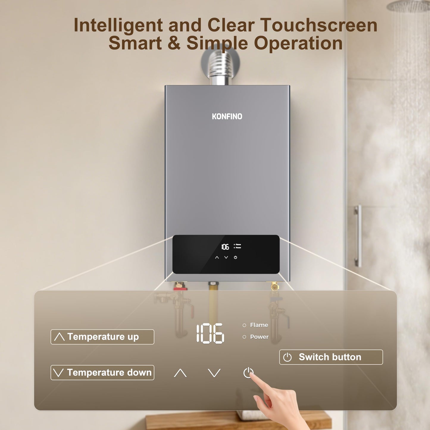 Konfino gas tankless heater, 4.3 GPM, 102,000 BTU, smart display, multi-protection.