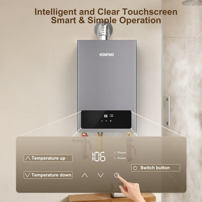Konfino gas tankless heater, 4.3 GPM, 102,000 BTU, smart display, multi-protection.