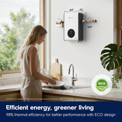 Electrolux 11kW tankless heater, WiFi, 2.6 GPM, smart indoor hot water system.
