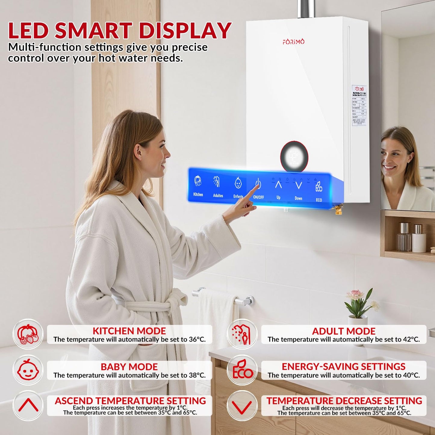 Natural gas tankless heater, 4.74 GPM, digital display, instant hot water, home use.