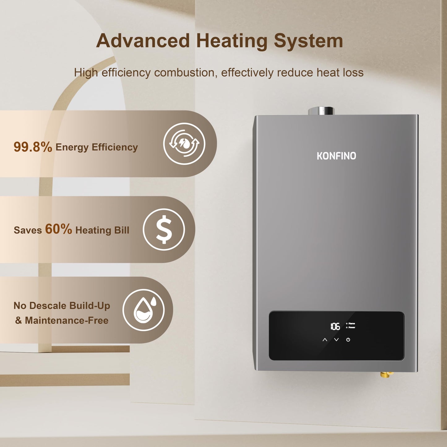 Konfino gas tankless heater, 4.3 GPM, 102,000 BTU, smart display, multi-protection.