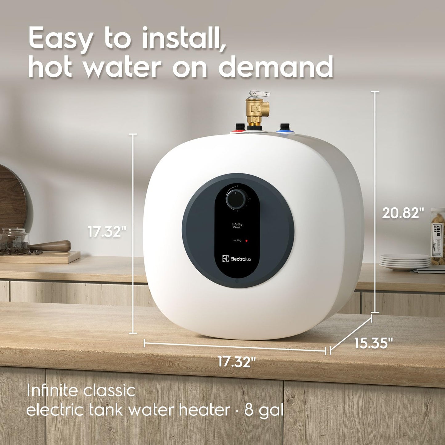 Electrolux 8-gallon electric heater, point-of-use, quick hot water, 110–120V.