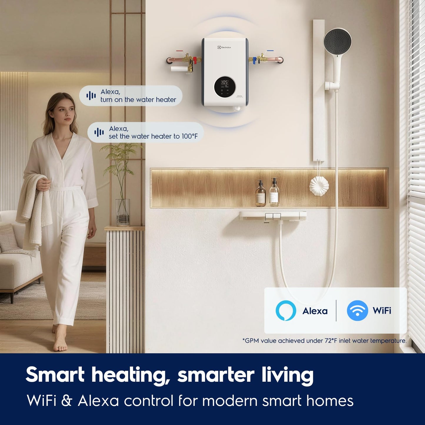 Electrolux 11kW tankless heater, WiFi, 2.6 GPM, smart indoor hot water system.