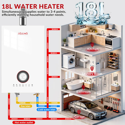 Natural gas tankless heater, 4.74 GPM, digital display, instant hot water, home use.
